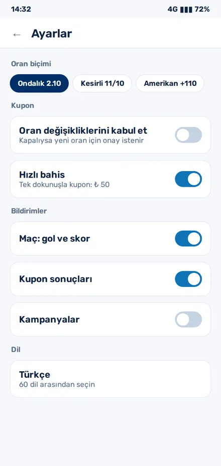 1xBet Android uygulaması ayarlar ekranı: oran biçimi, hızlı bahis ve bildirimler
