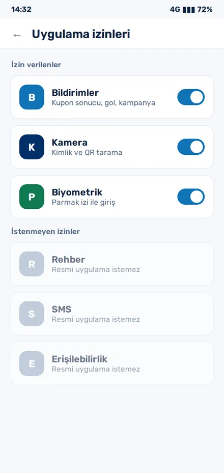 1xBet Android uygulamasının izin ekranı: bildirim, kamera ve biyometrik izinler