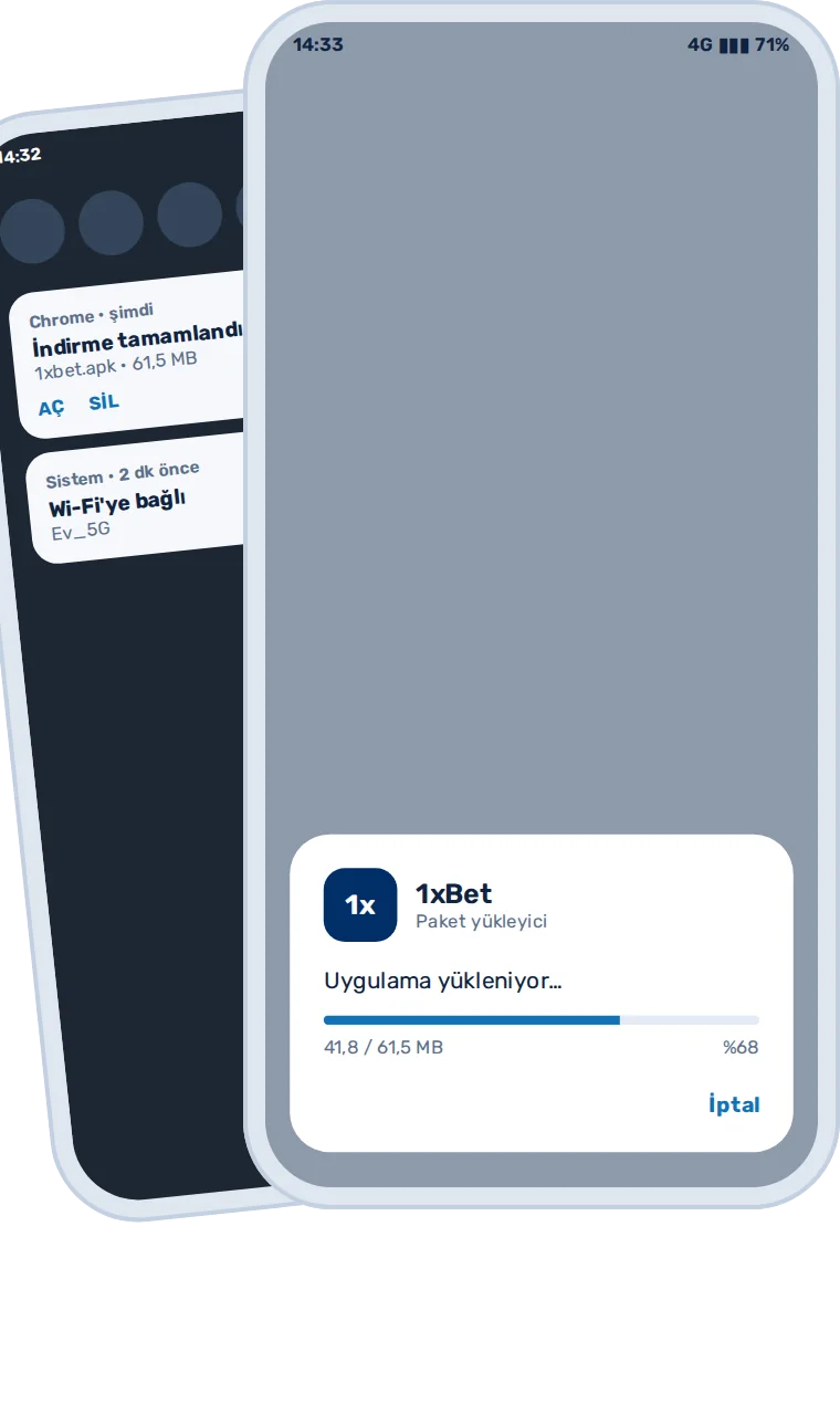 Android telefonda 1xbet.apk indirme bildirimi ve paket yükleyici ekranı